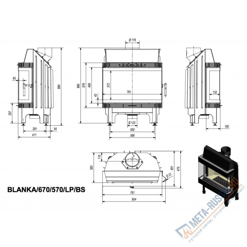 Каминная топка Kratki Blanka 670/570/LP/BS (угловое стекло слева-справа)