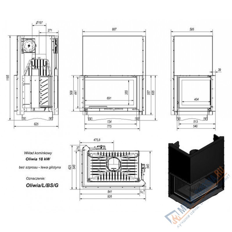Каминная топка Kratki Oliwia/L/BS/G (угловое стекло слева, гильотина)