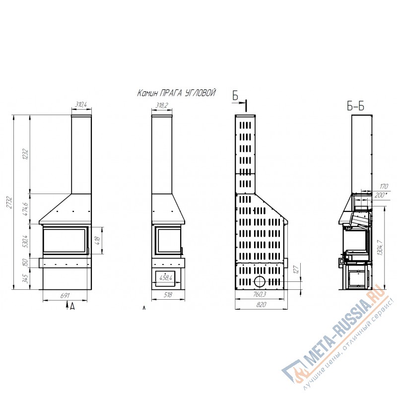 Печь-камин Экокамин ПРАГА УГЛОВОЙ левый черный, шамот белый