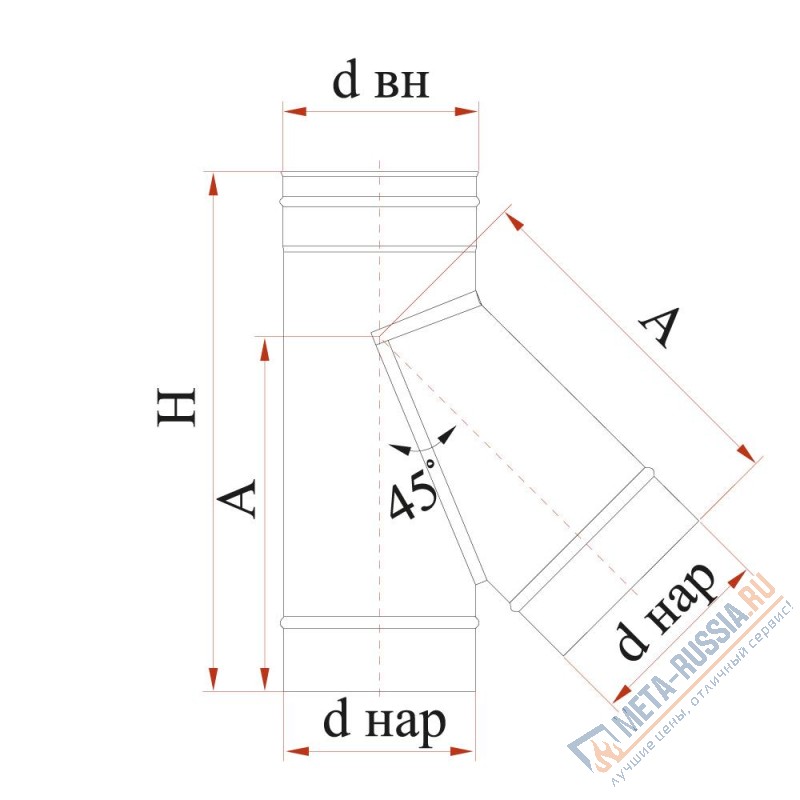 Тройник 45° дымоход Дымок нерж (AISI 439/0,5 мм)
