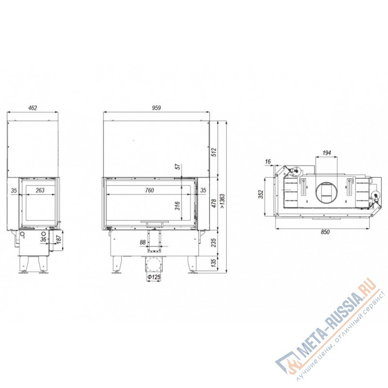 Каминная топка DEFRO HOME INTRA ME BP G SLIM, 850/478/352 мм, угловое стекло справа, гильотина