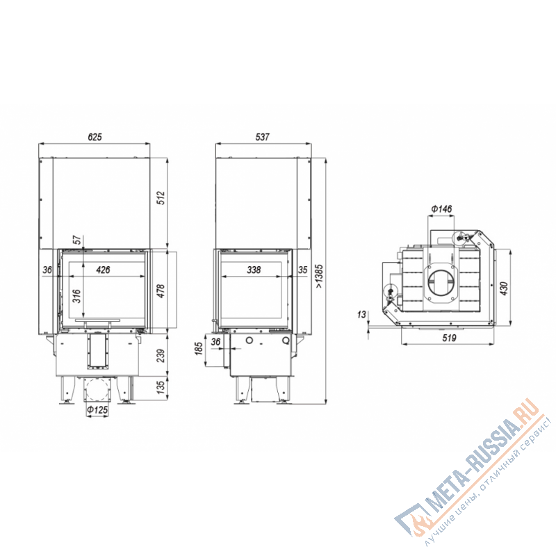 Каминная топка  DEFRO HOME INTRA XSM BL MINI G, 519/478/430 мм, угловое стекло слева, гильотина