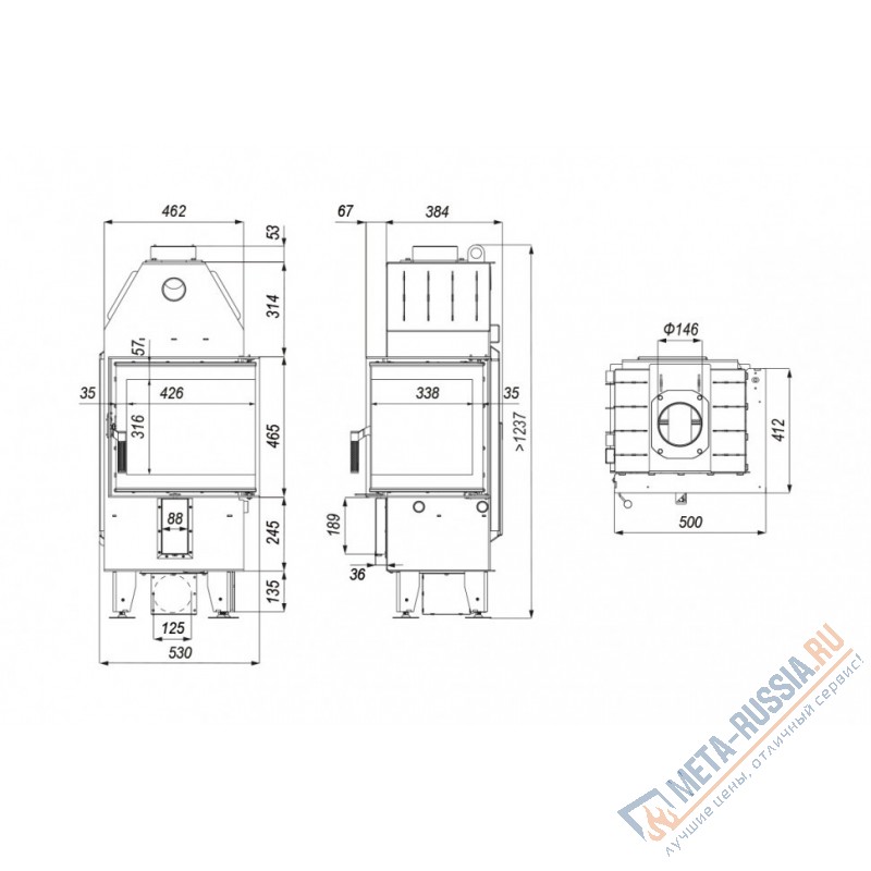 Каминная топка DEFRO HOME INTRA XSM BP MINI, 500/465/412 мм, угловое стекло справа