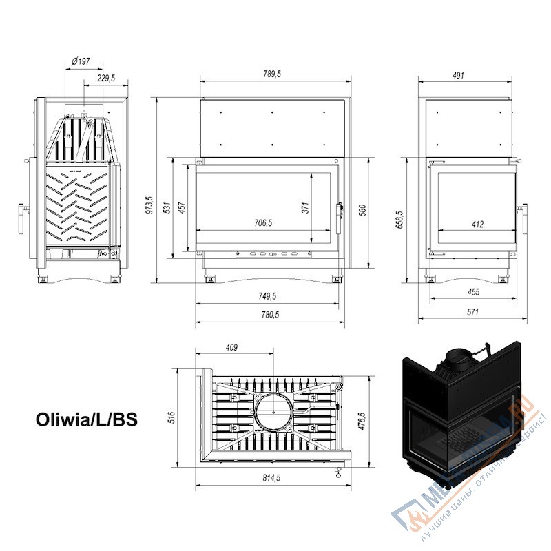 Каминная топка Kratki Oliwia/L/BS/DECO (Г образное, левое)