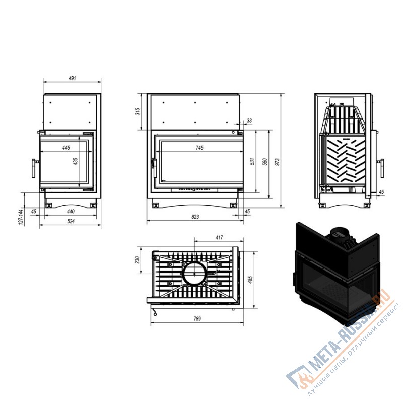 Каминная топка Kratki Oliwia/P/BS/DECO (Г образное, правое)