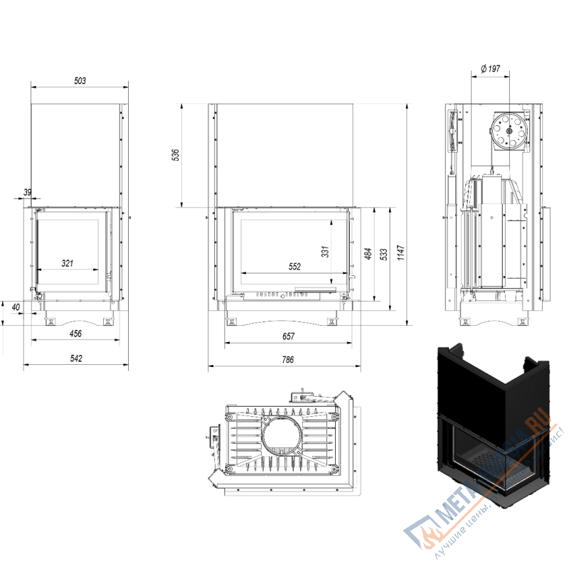Каминная топка Kratki Maja/P/BS/G (угловое стекло справа, гильотина)