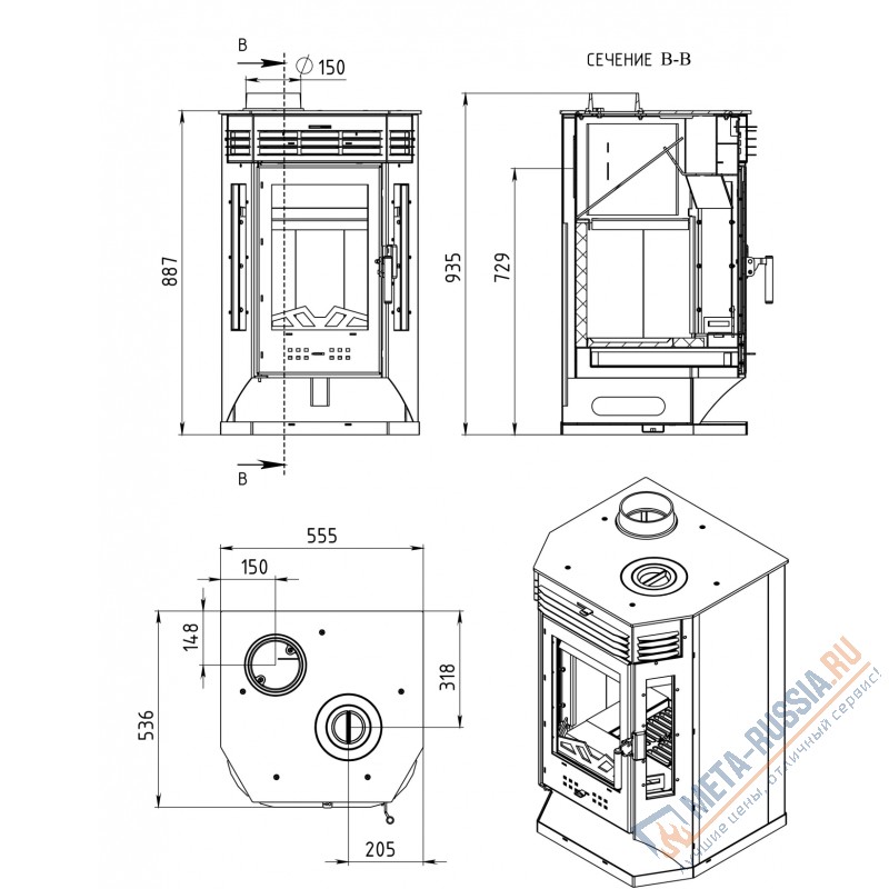 Печь-камин Мета-Бел Москва 9 с плитой АОТ 9.0-03