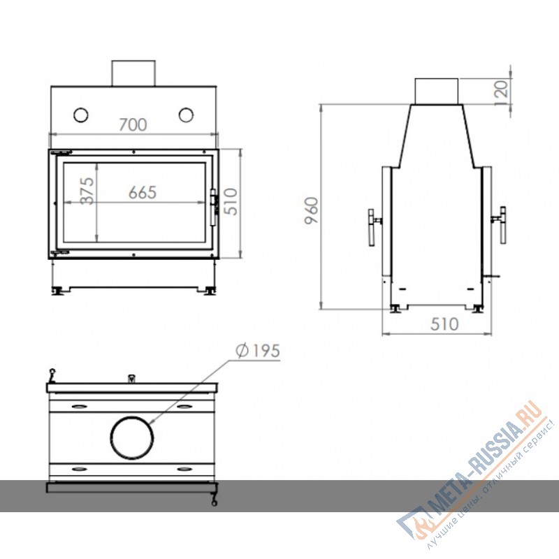 Каминная топка ECHA-TECH ECT Double 70x51/C 13 кВт 700/510 туннель футеровка чугун