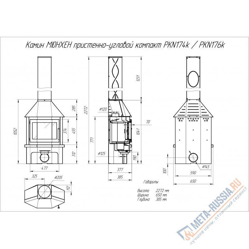 Печь-камин Экокамин МЮНХЕН пристенно-угловой КОМПАКТ графит (PKN174КG)