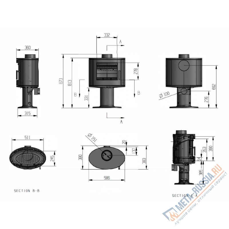 Печь-камин чугунная FireBird Puma с опорой 9 кВт, D=150, до 90 кв.м