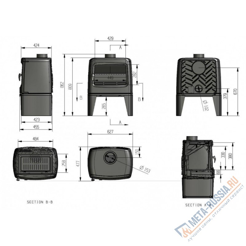 Печь-камин чугунная FireBird Bear 10 кВт, d=150, до 100 кв.м