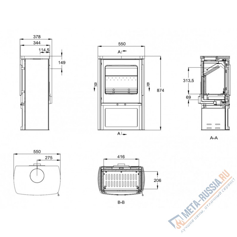 Печь-камин FireBird Opera 8 кВт, d=130, до 80 кв.м