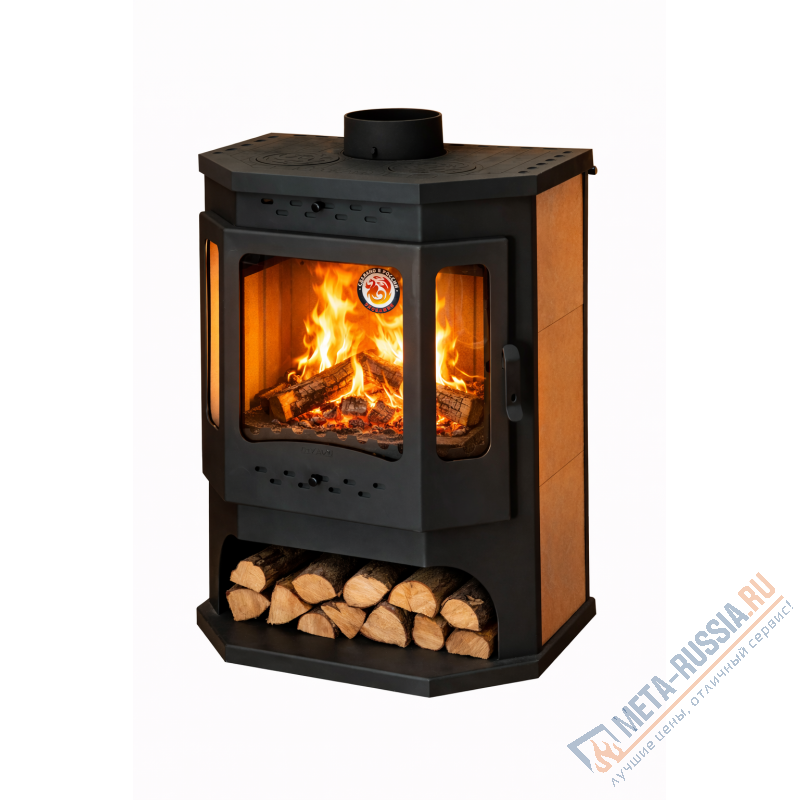 Печь-камин Экокамин Бавария Призматик c плитой PK186, 12 кВт, д.200, вторичный дожиг, чистое стекло