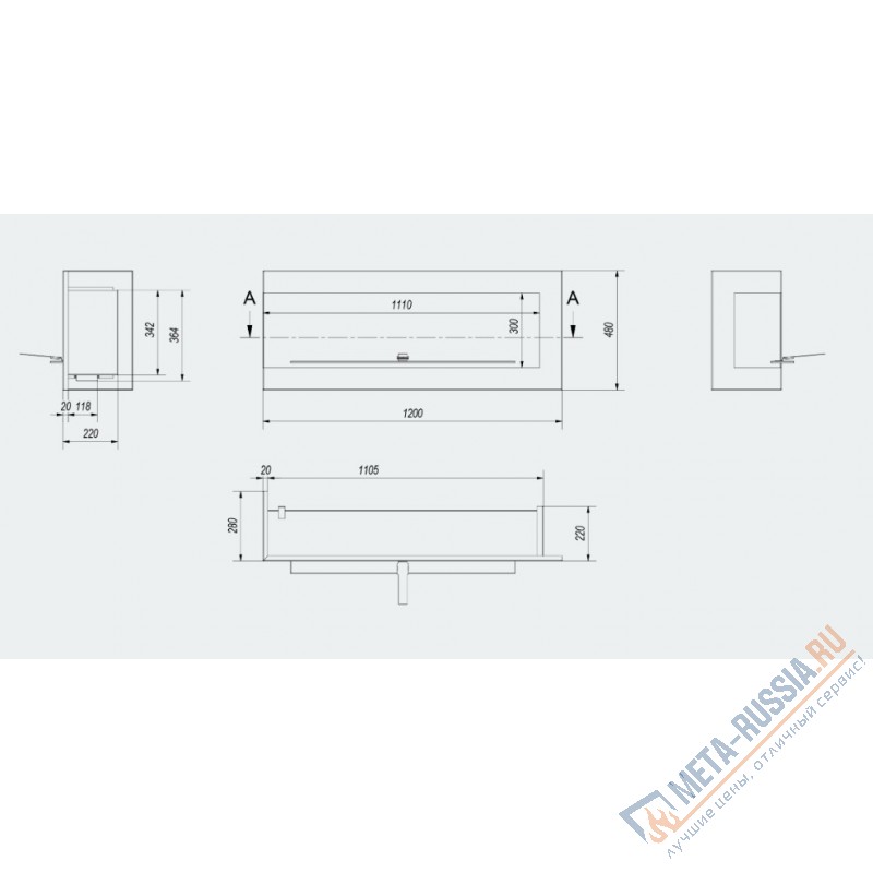 Биокамин настенный Kratki DELTA/L/1200 угловая, TUV
