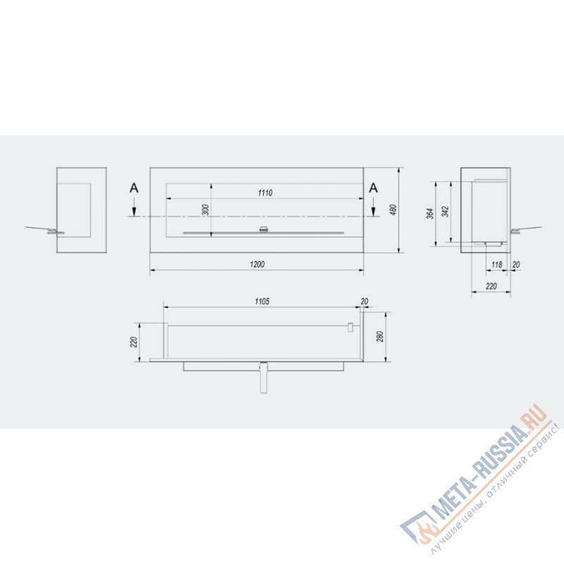 Биокамин настенный Kratki DELTA/P/1200 угловая, TUV