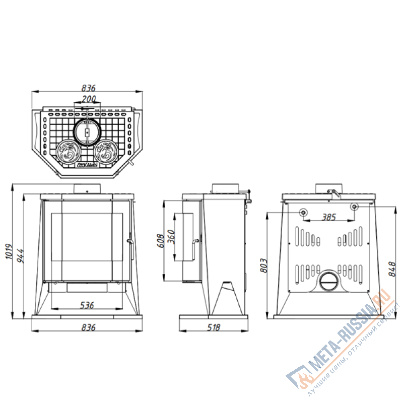 Печь-камин Экокамин Бавария ПАНОРАМА ПРИЗМА с плитой (PK189), 12 кВт, д.200, вторичный дожиг, CVP, чистое стекло