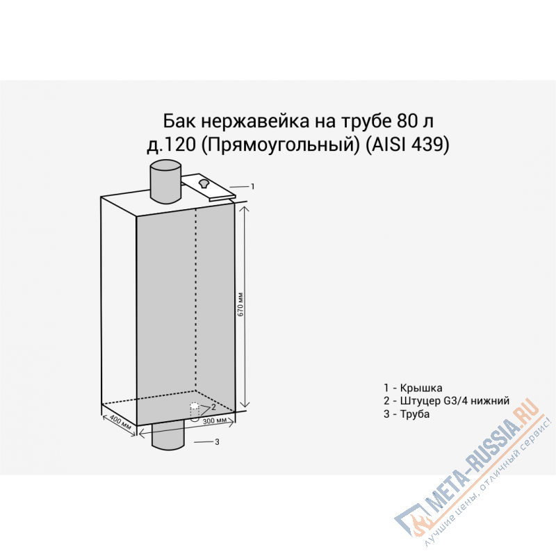 Труба дымоход Везувий бак нержавейка на трубе 80л д.120 (прямоугольный) (AISI 439)